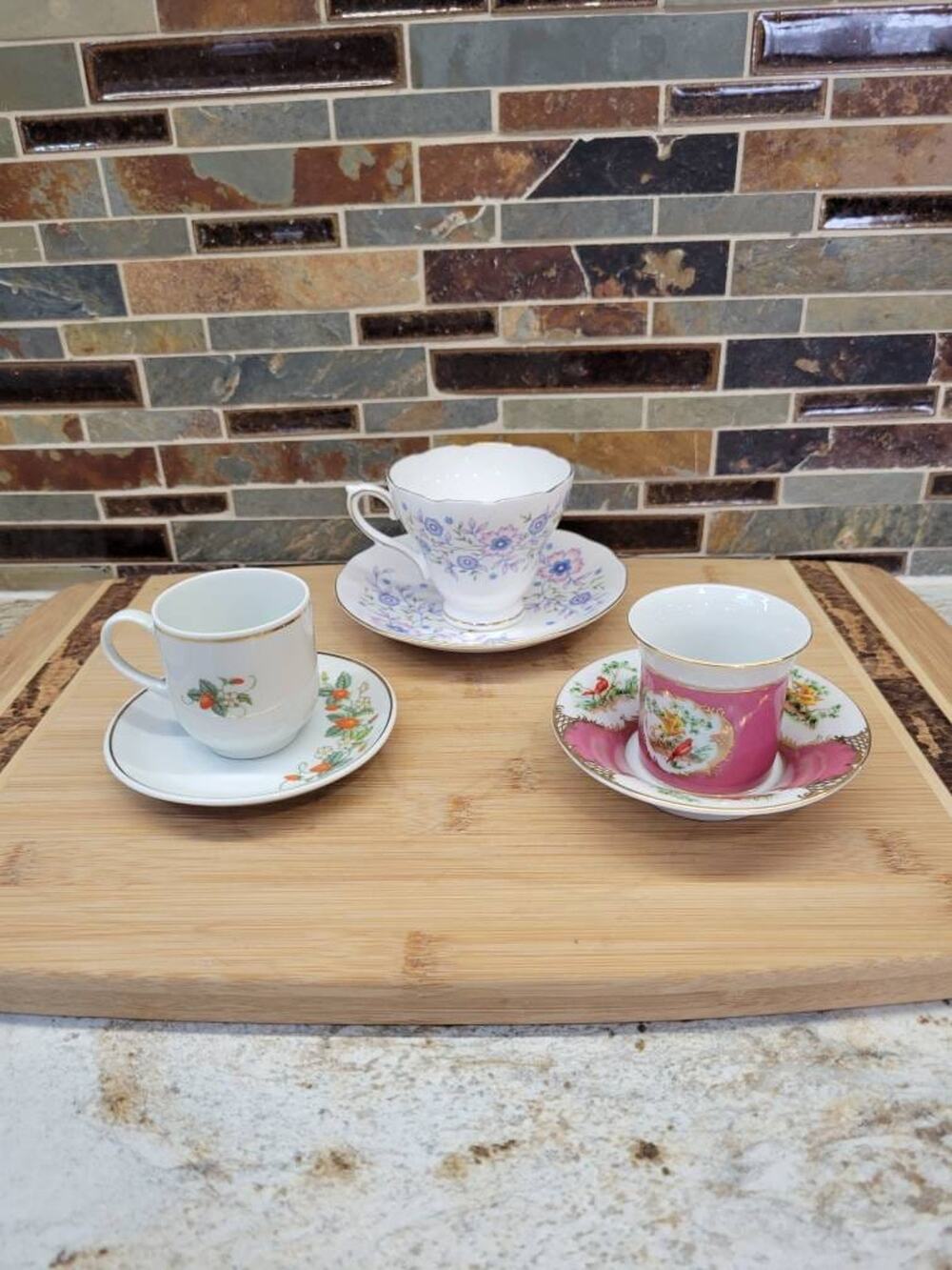 3 Vintage Avon Cup and Saucer Sets, Mismatched Strawberry & Floral Teacups